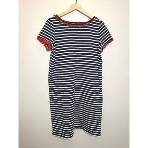 Boden Navy White Red 100% Cotton Pom Pom Trim T-Shirt Shift Dress 10 L Nautical